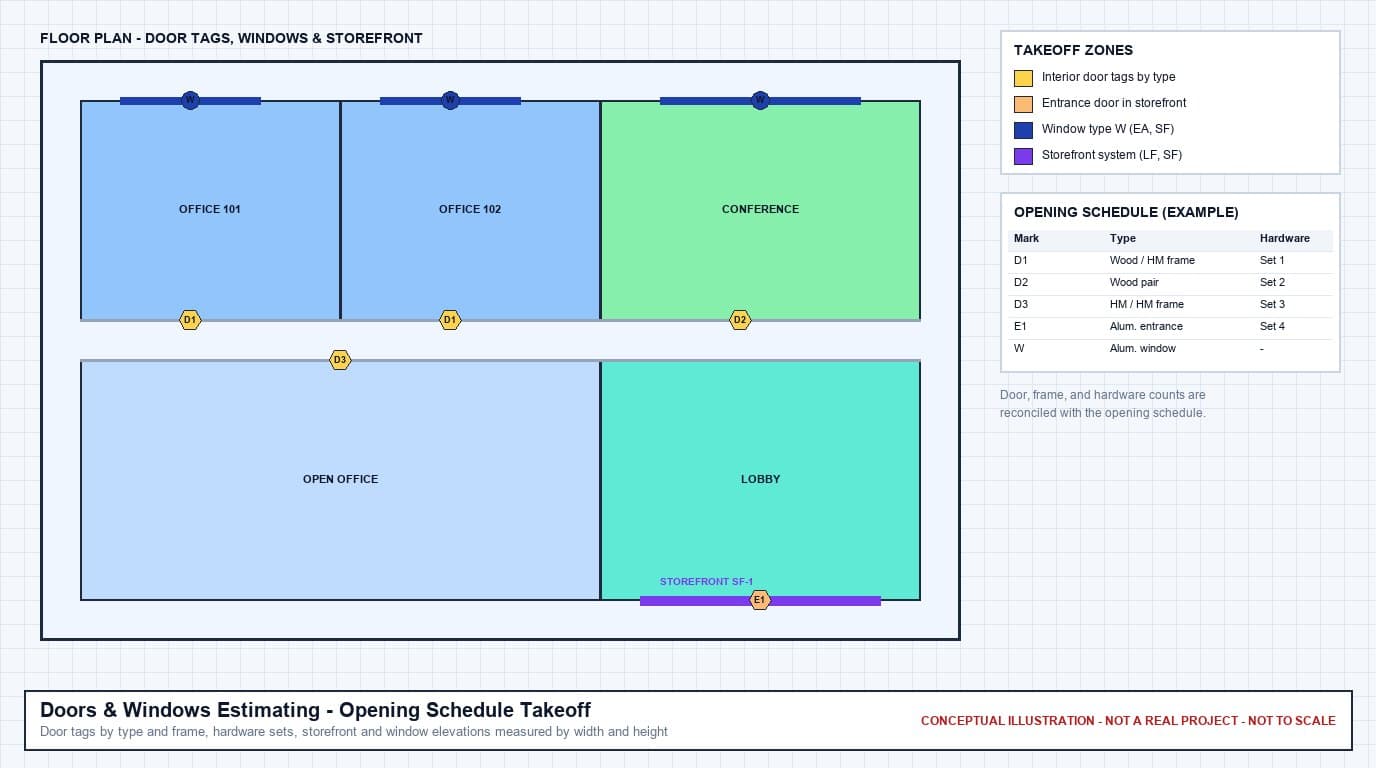 Conceptual floor plan with interior door tags by type, windows, an aluminum storefront with an entrance door, and an example opening schedule with hardware sets