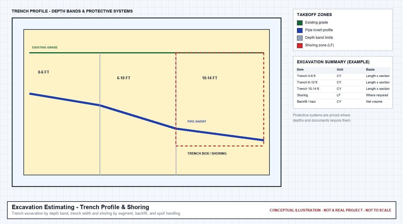 Conceptual trench profile showing existing grade, a sloping pipe invert, three excavation depth bands, and a shoring zone, with an example excavation summary