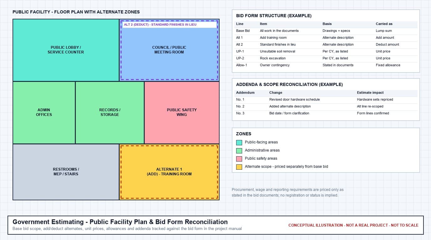 Conceptual public facility floor plan with a public lobby, meeting room, administrative offices, records storage, and public safety wing, dashed outlines marking an add alternate and a deduct alternate, beside example bid form and addenda reconciliation tables