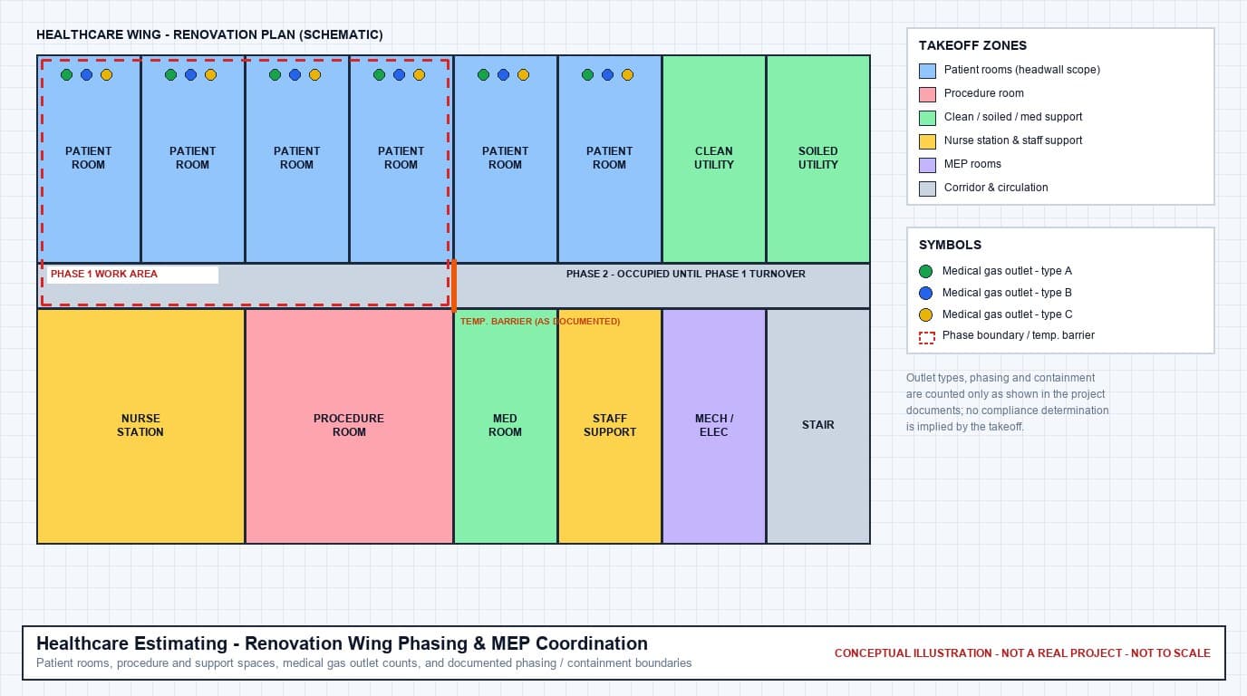 Conceptual healthcare wing renovation diagram showing patient rooms with medical gas outlet symbols, clean and soiled utility rooms, a nurse station, a procedure room, a dashed Phase 1 work-area boundary, and a temporary barrier line