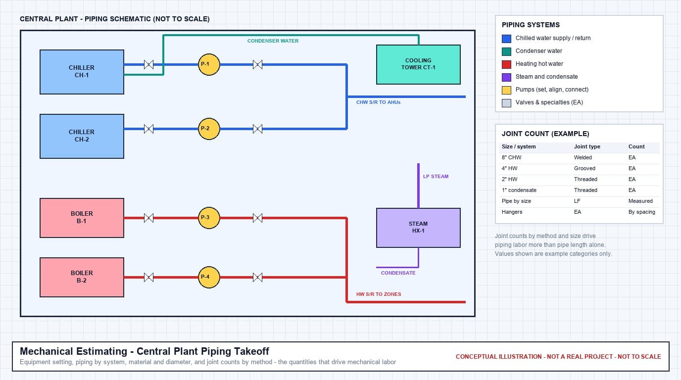 Conceptual central plant piping schematic showing two chillers, two boilers, four pumps, a cooling tower, and a steam heat exchanger connected by color-coded chilled water, condenser water, heating hot water, and steam piping, with an example joint count table by size and joining method