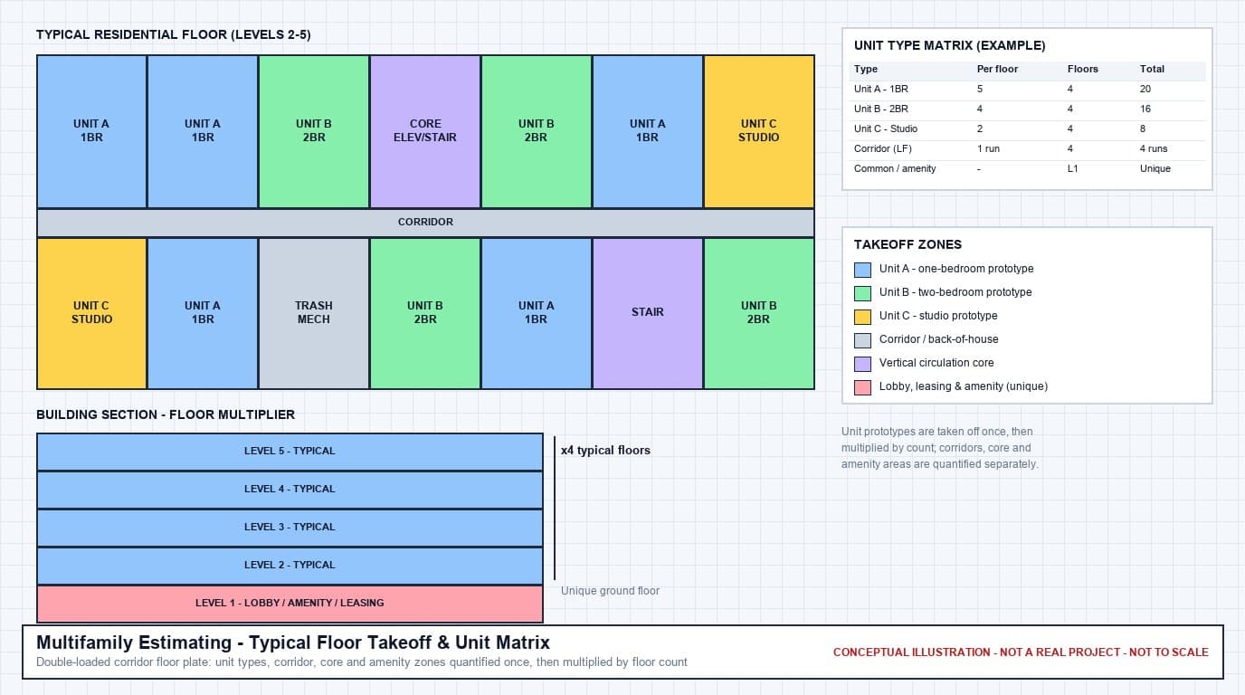 Conceptual diagram of a typical multifamily floor plate with color-coded one-bedroom, two-bedroom, and studio unit types along a double-loaded corridor, a building section showing four typical floors over a ground-floor lobby and amenity level, and an example unit type matrix