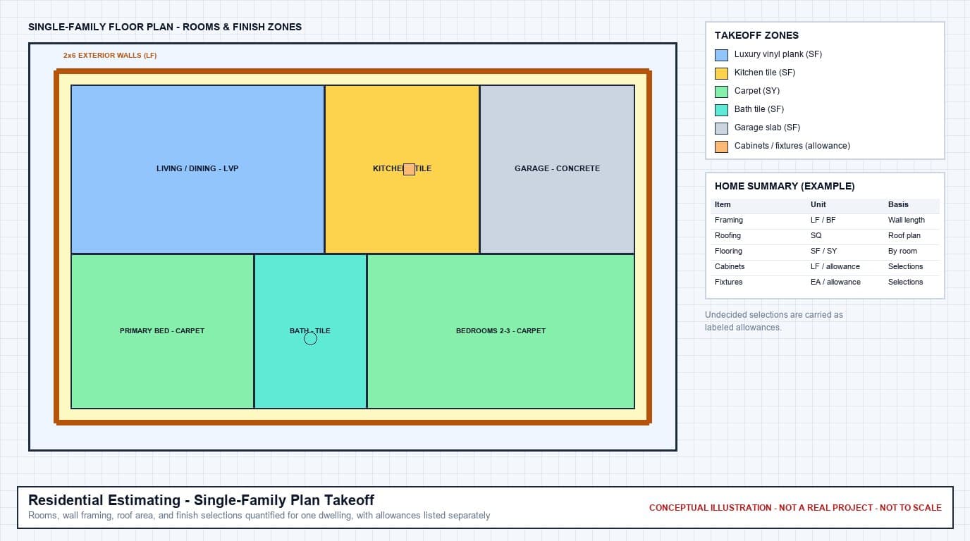 Conceptual single-family floor plan showing living, kitchen, garage, bedroom, and bath finish zones and exterior walls, with an example home quantity summary