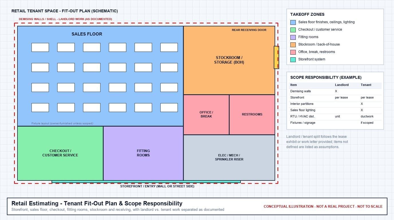 Conceptual retail tenant space diagram showing a sales floor with a fixture layout, checkout and customer service area, fitting rooms, stockroom, office and restrooms, rear receiving door, storefront along the entry side, a dashed landlord demising-wall boundary, and an example landlord vs. tenant scope responsibility table
