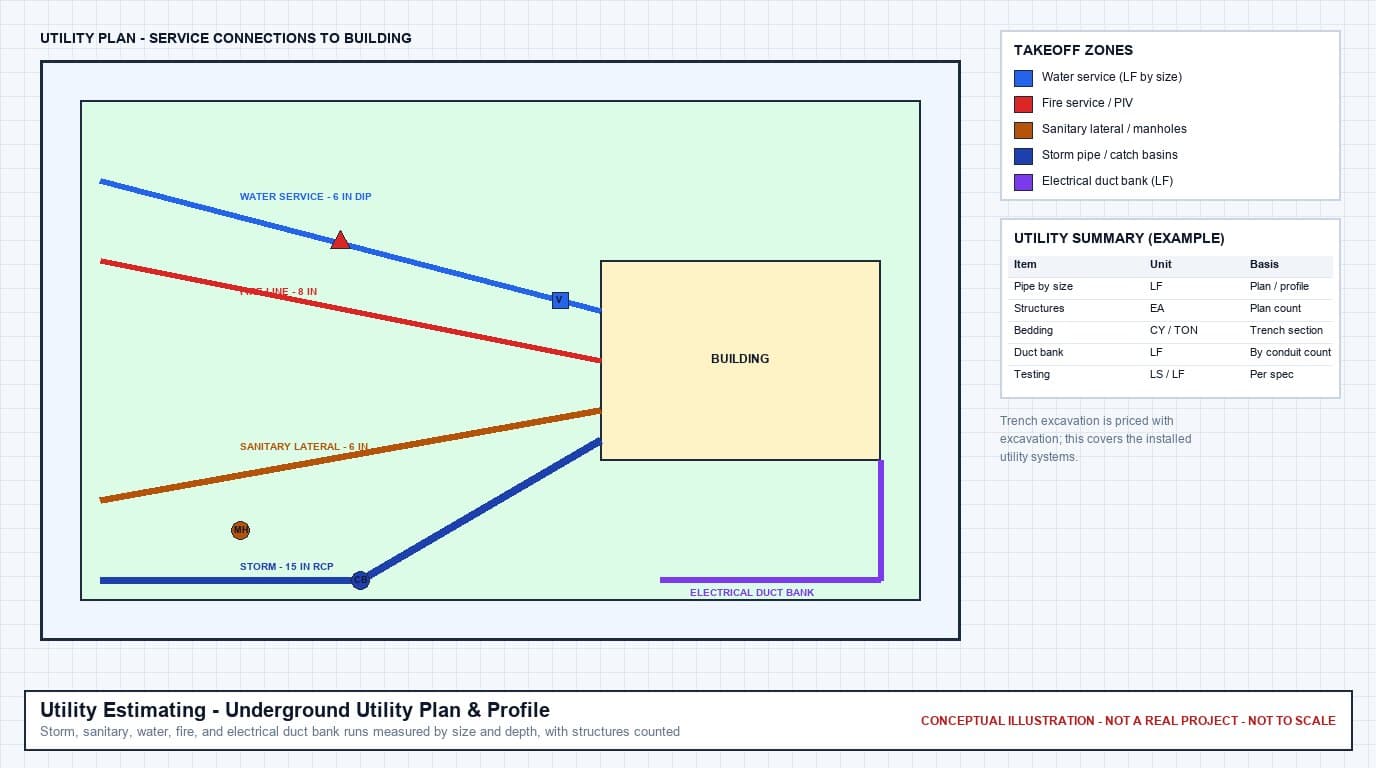 Conceptual utility plan showing water service, fire line, sanitary lateral, storm pipe, and an electrical duct bank connecting to a building, with manholes, a catch basin, and an example utility summary