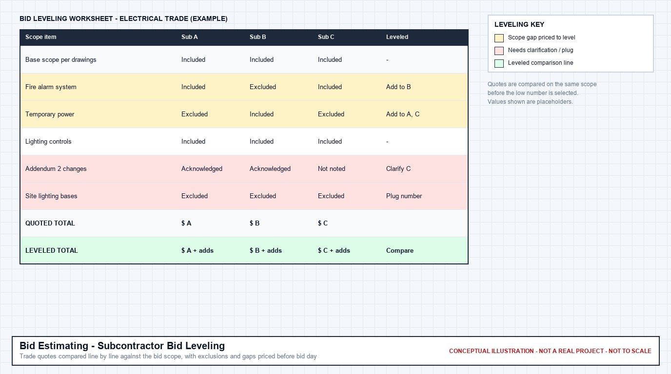 Conceptual bid leveling worksheet comparing three electrical subcontractor quotes line by line, with scope gaps, clarifications, quoted totals, and leveled totals highlighted
