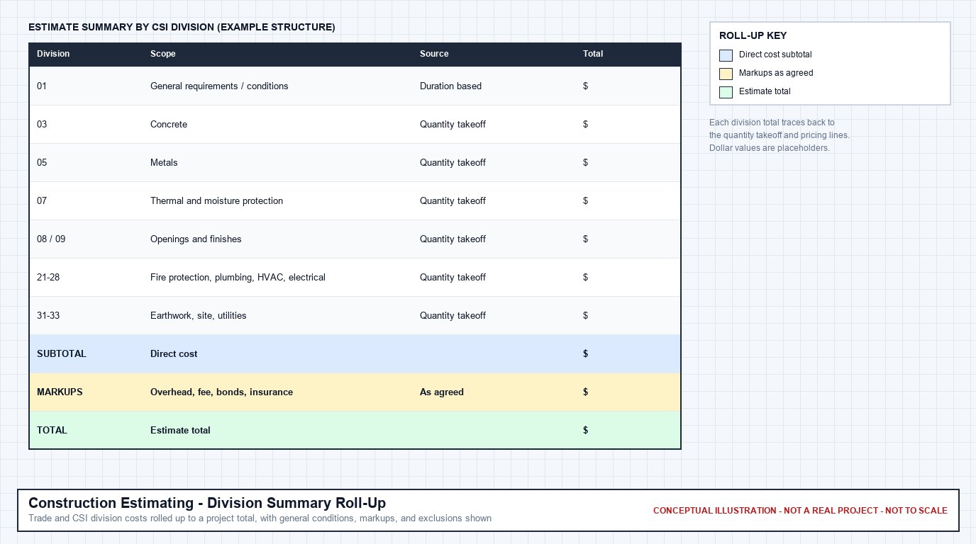 Conceptual estimate summary sheet rolling CSI division totals up to direct cost, markups, and an estimate total, with placeholder values