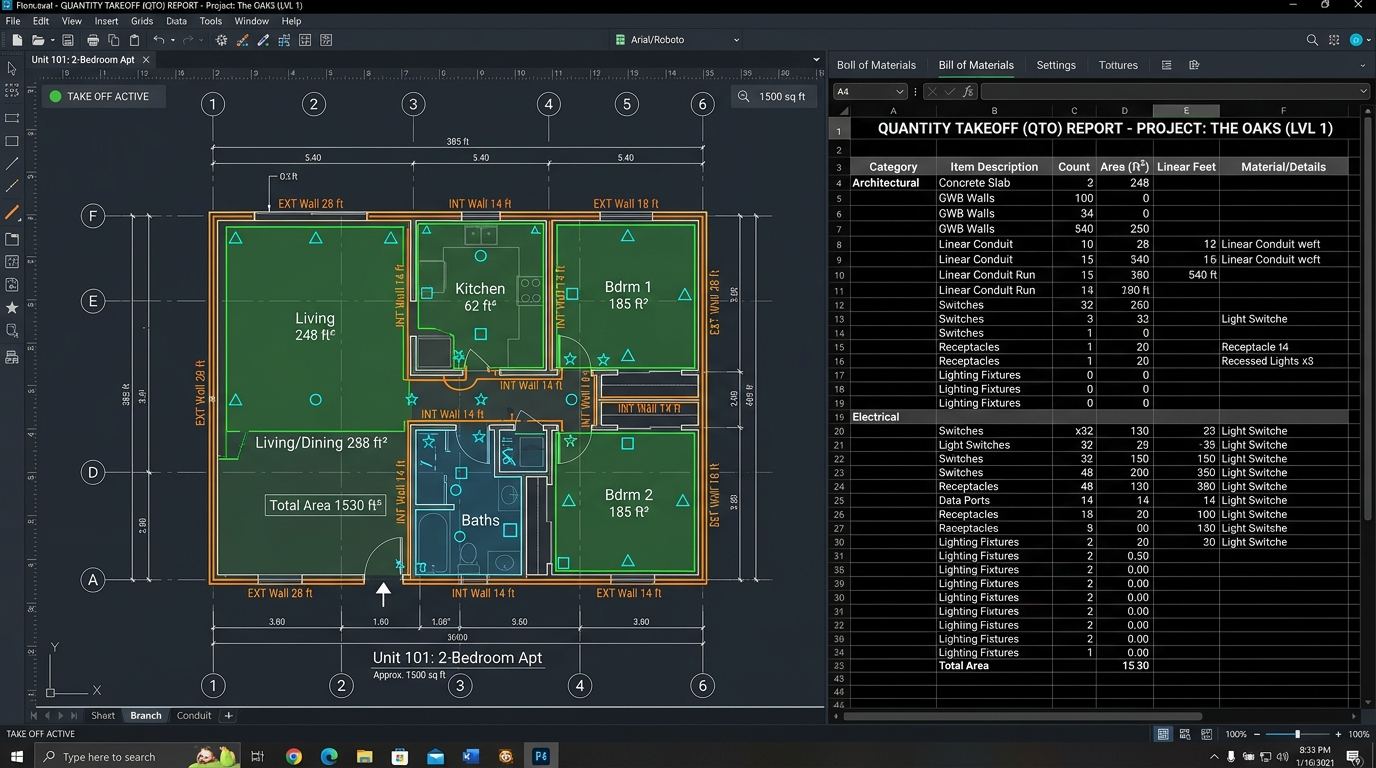 Illustrative digital quantity takeoff interface showing color-coded plan measurement overlays alongside an itemized Bill of Materials spreadsheet