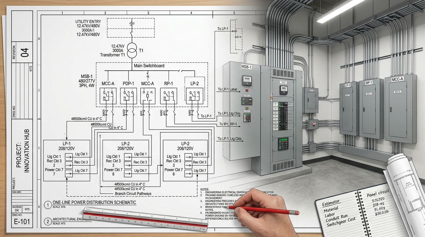 Conceptual commercial electrical one-line power distribution diagram and switchgear layout illustration