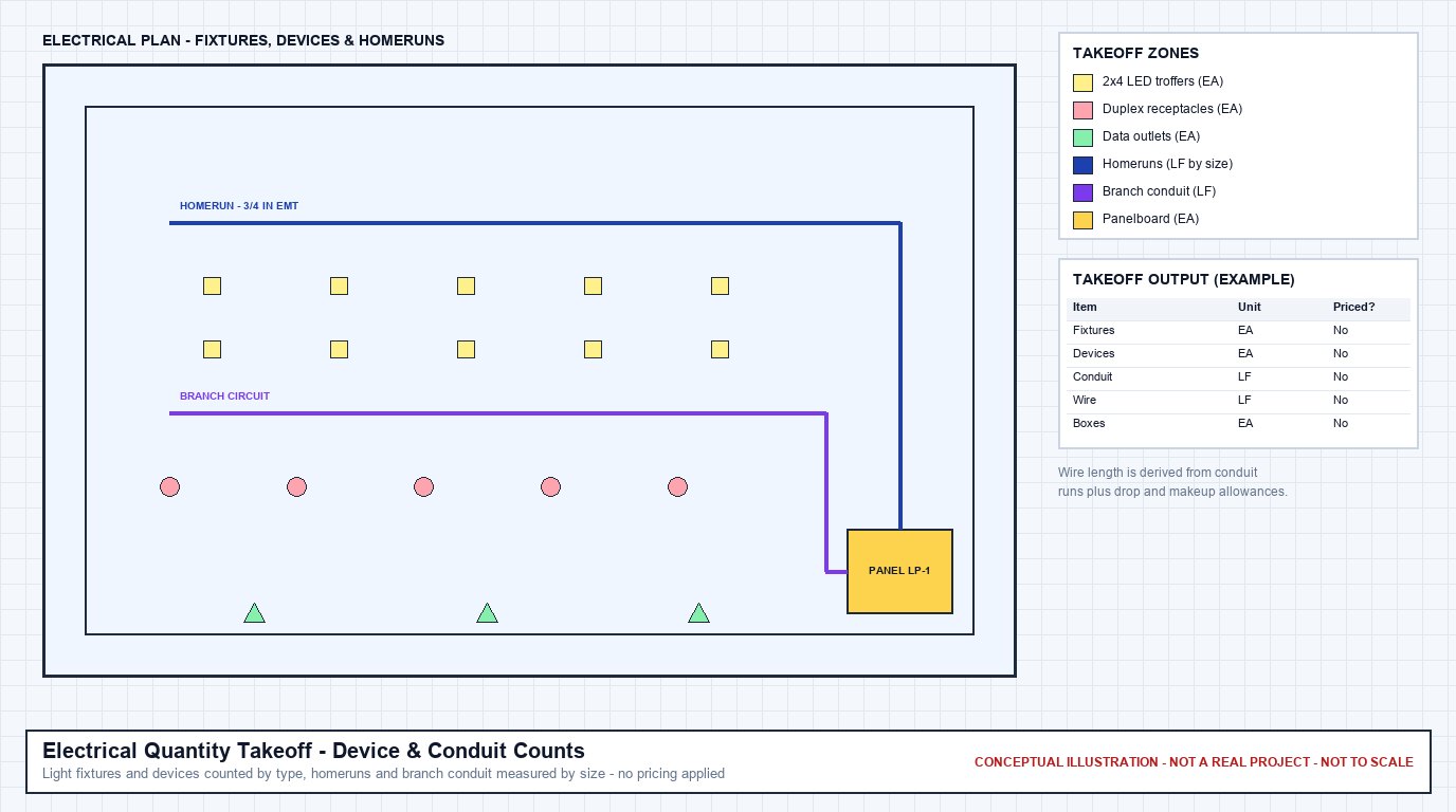 Conceptual electrical plan with LED troffers, receptacles, data outlets, a homerun and branch circuit routed to a panelboard, and an example unpriced takeoff output table
