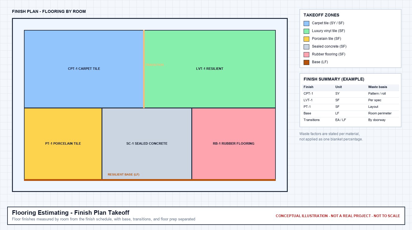 Conceptual finish plan showing carpet tile, luxury vinyl tile, porcelain tile, sealed concrete, and rubber flooring by room, with base, a transition, and an example finish summary