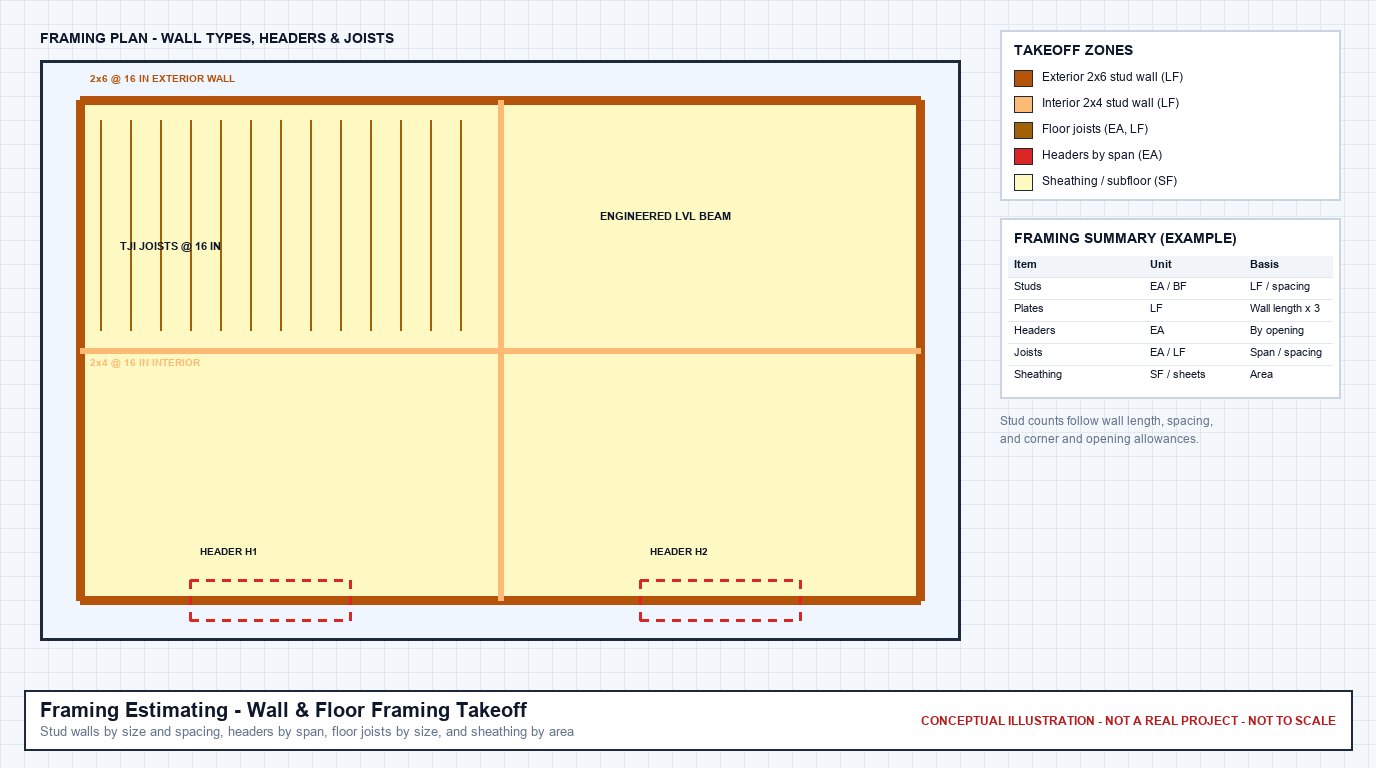 Conceptual framing plan showing 2x6 exterior walls, 2x4 interior walls, floor joists, an engineered LVL beam, and headers, with an example framing summary