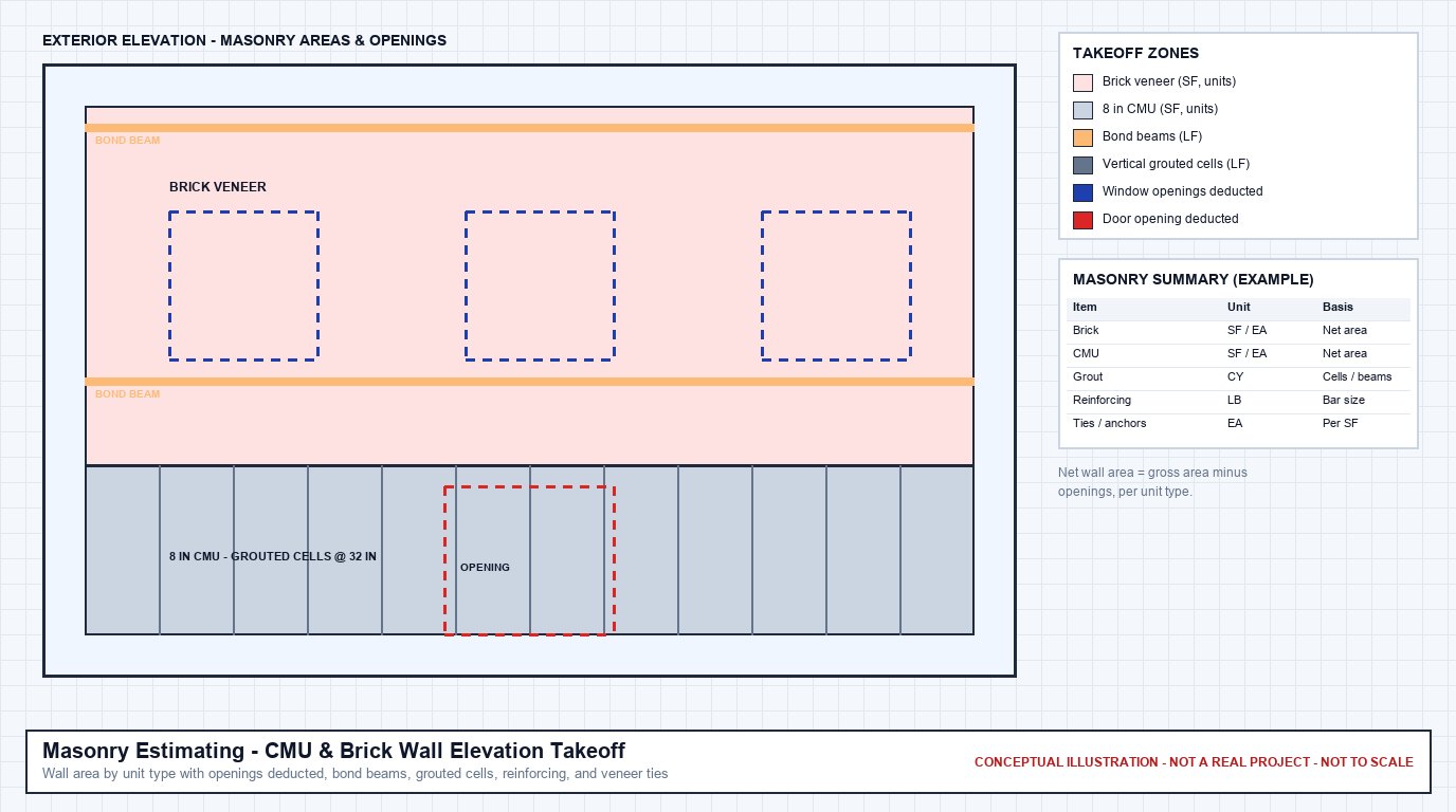 Conceptual exterior elevation showing brick veneer above 8-inch CMU, bond beams, grouted cells, and window and door openings deducted, with an example masonry summary