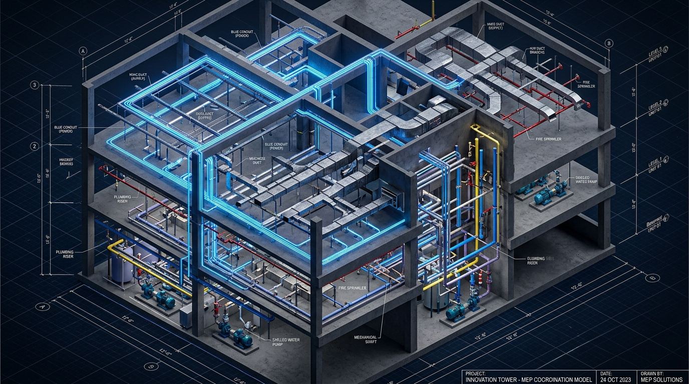 Conceptual 3D MEP building systems coordination model illustration