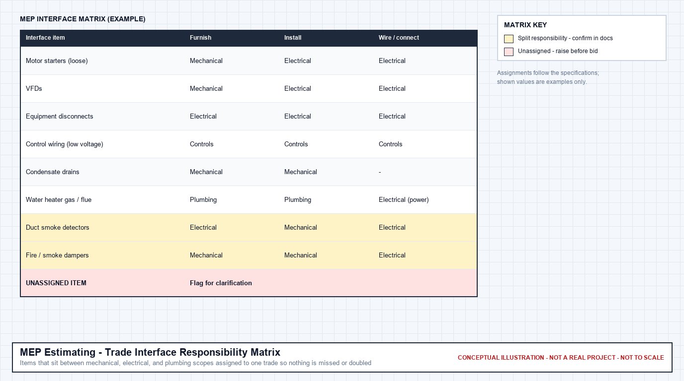 Conceptual MEP interface matrix assigning furnish, install, and connect responsibility for starters, VFDs, disconnects, controls, condensate, dampers, and detectors among mechanical, electrical, plumbing, and controls trades