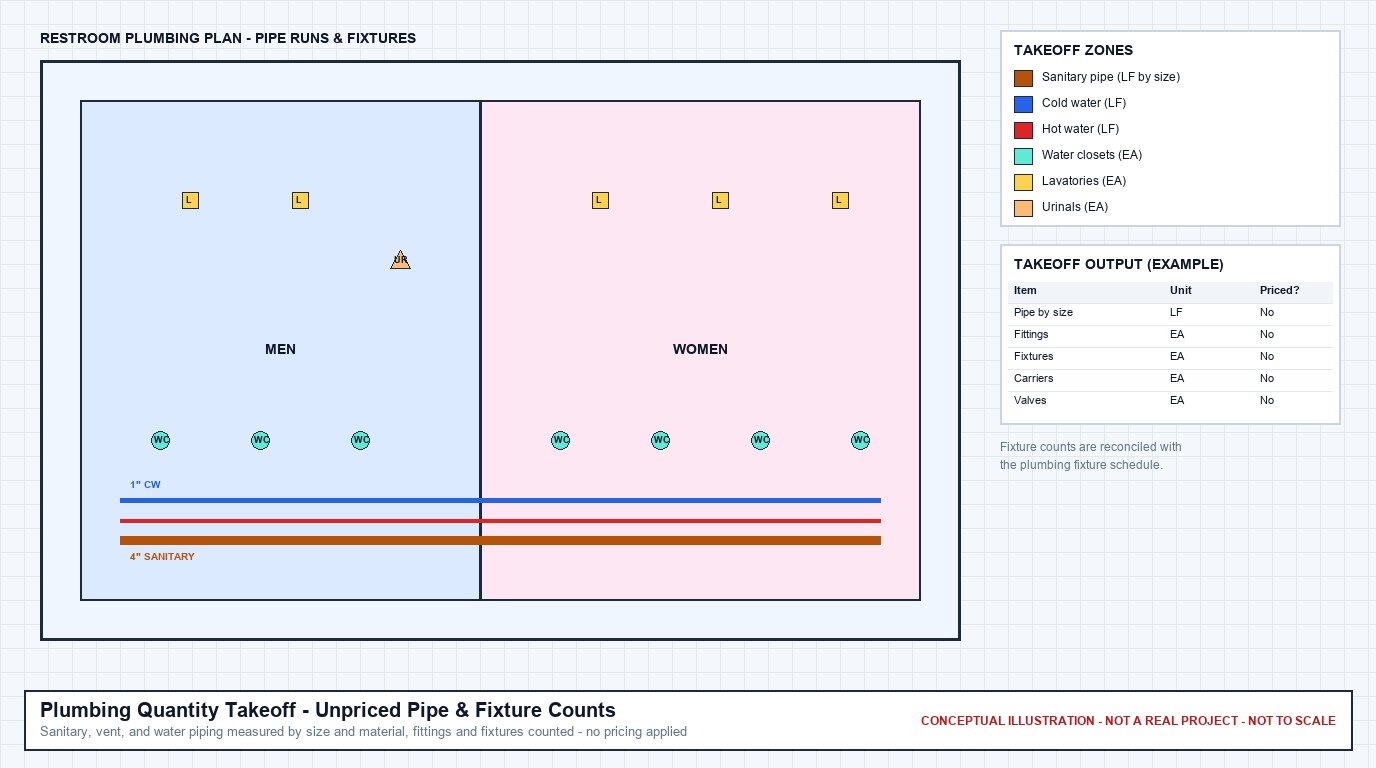 Conceptual restroom plumbing plan with water closets, lavatories, a urinal, sanitary and water piping, and an example unpriced takeoff output table
