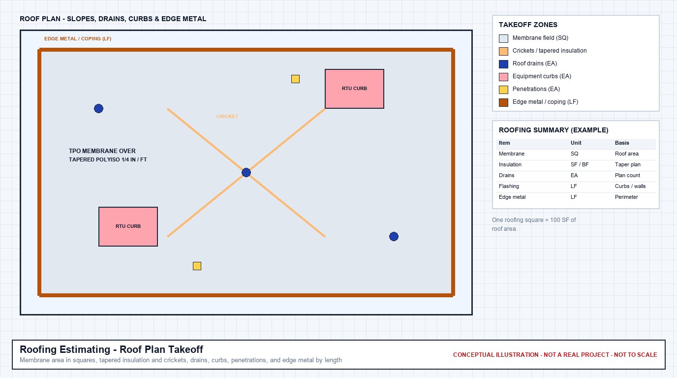 Conceptual roof plan showing a TPO membrane field over tapered insulation, crickets, roof drains, equipment curbs, penetrations, and edge metal, with an example roofing summary