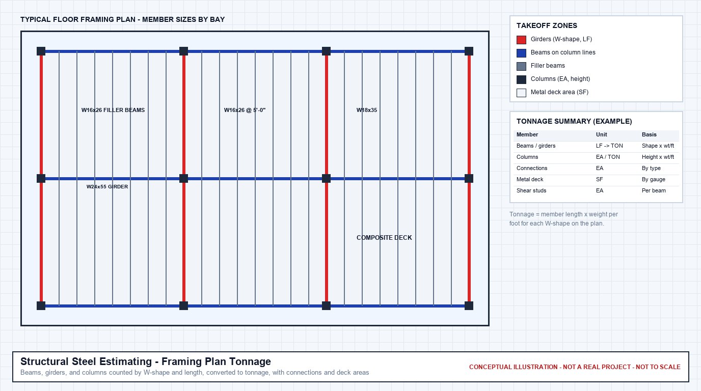 Conceptual steel framing plan showing girders, beams, filler beams, columns at grid intersections, and composite deck, with an example tonnage summary